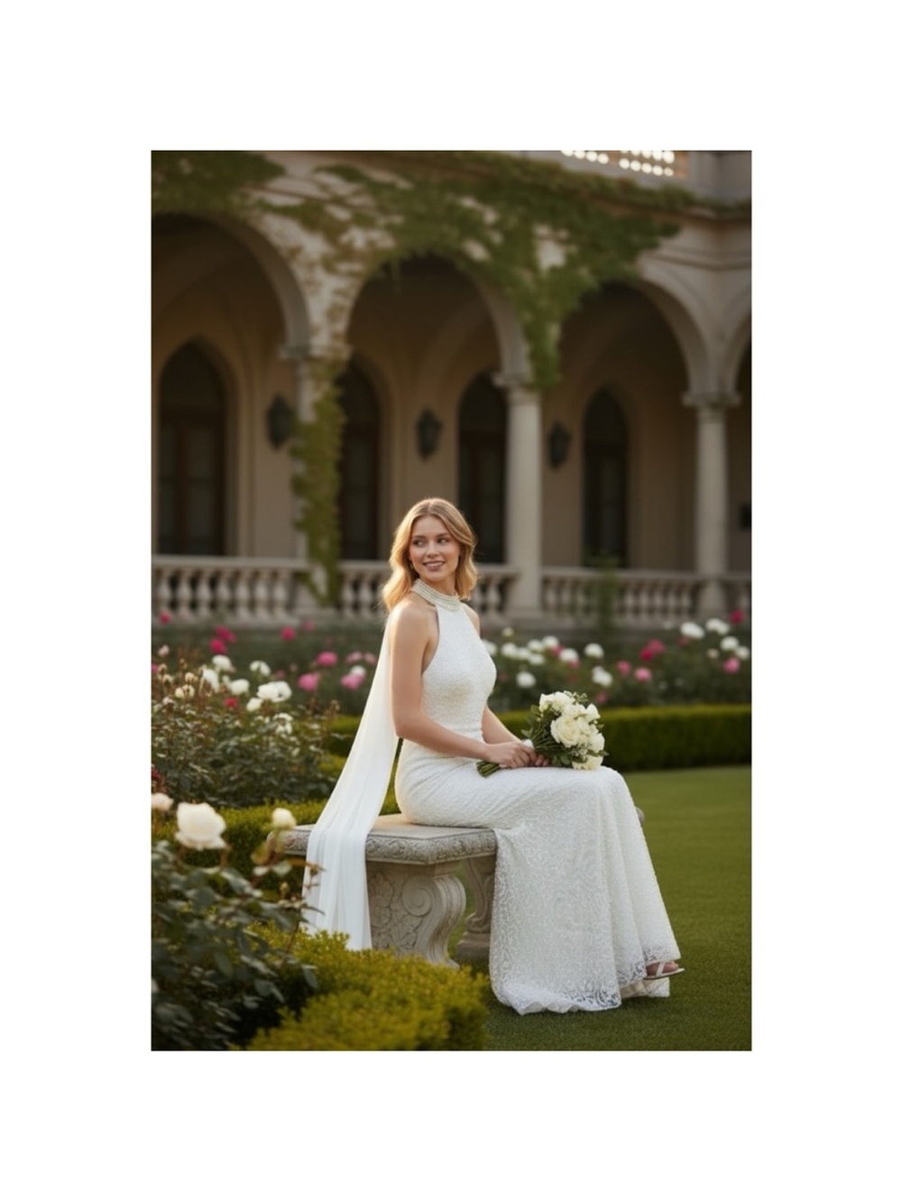 ST. TROPEZ Ivory Pearl Halter Neck Beaded Lace Wedding Gown With Sweeping Train - Picture 10 of 16